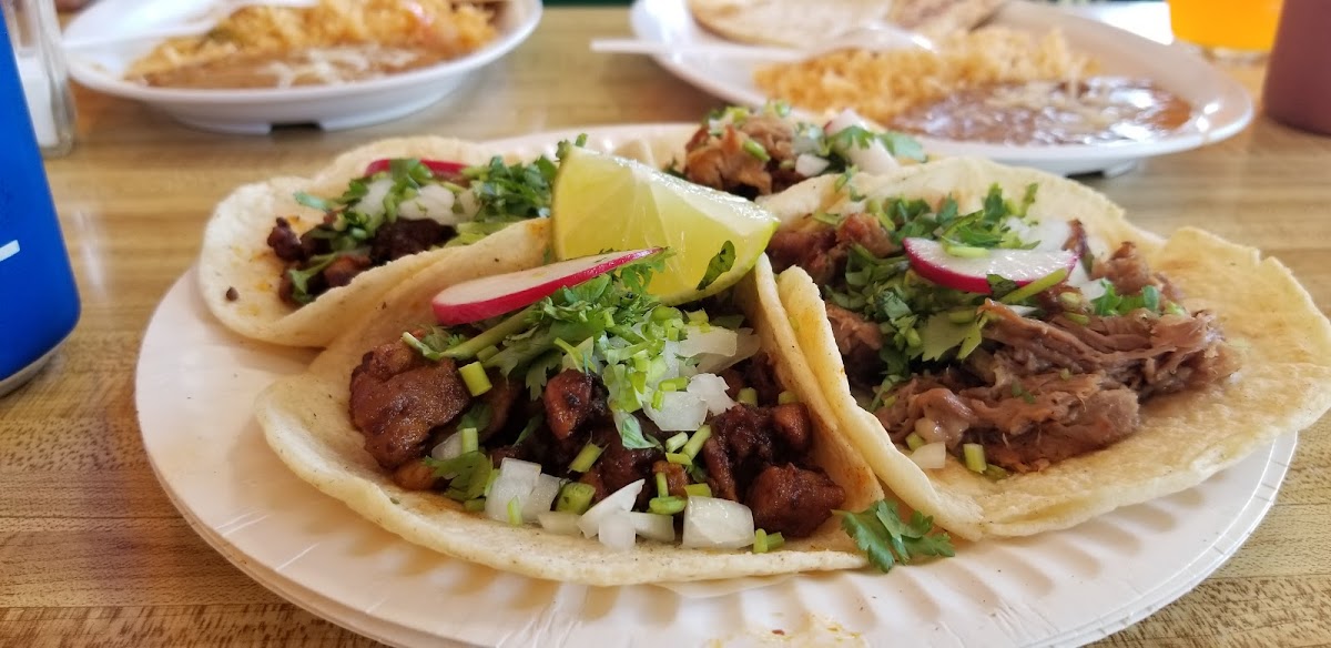 Three tacos with cilantro, onion, radish and lime on a paper plate at Taqueria Las Maria's